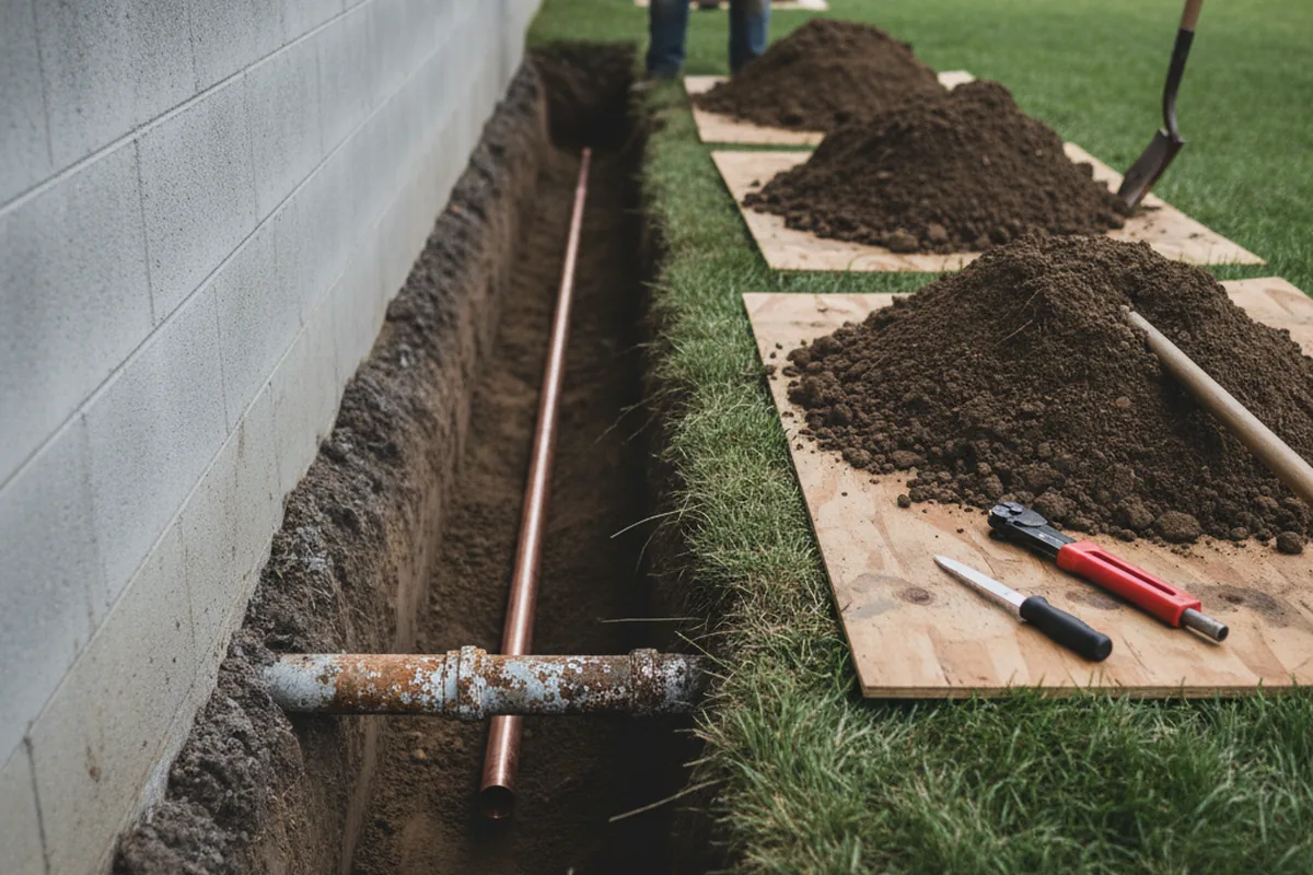 Excavated water line trench during Sewer Line Repair in Carrolls